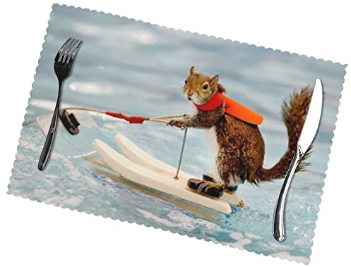 Wasserski-Tischsets, Fuchs, Eichhörnchen, 6 Stück, Heimessen, Geschenke, rutschfeste Tischsets, hitzebeständig, 45 x 30 cm