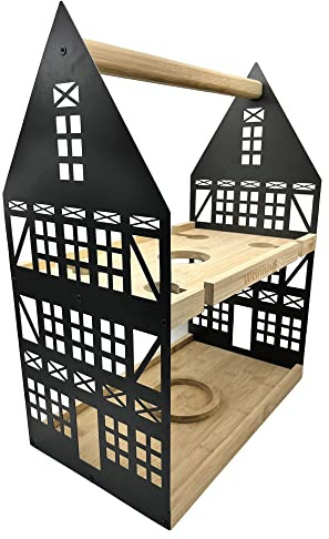 UNUS Home Etagere Weinhaus, 2 Etagen mit Griff, Tablett aus Bambus Holz | für Weinflasche und Weingläser mit Halterungen, Gestell aus Metall