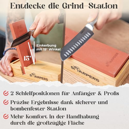 SHARPERS® Schleifstein Set, 400/1000/3000 Körnung, Grind-Station, Abziehleder, inkl. Video-Schleifkurs | Schleifstein Messer für Anfänger und Profis