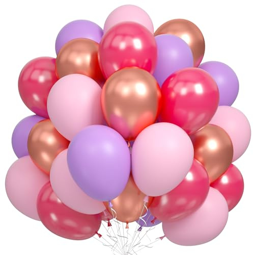 Pink and Purple Balloon Set, 60Pcs Hot Pink Lilac Lavender Balloon with Metallic Rose Gold Balloons, Purple Pinks Rose Red Latex Balloons for Girl Mermaid Butterfly Birthday Party Decorations