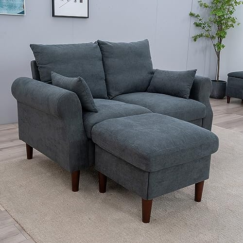 Panana 2 Seater Sofa with Footstool Ottoman Loveseat Couch, Solid Wood Frame and Legs Fabric Armchair For Living Room Bed Room Furniture