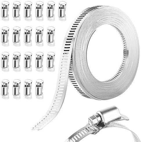 6M Collier de Serrage Inox 304 Avec 20 Pièces Fixation, Collier de Serrage Collier à Vis Sans Fin en Collier à Vis sans Fin en Acier inox Ajustables Pinces de Tuyau pour Tuyaux Gaz Laver Jardin