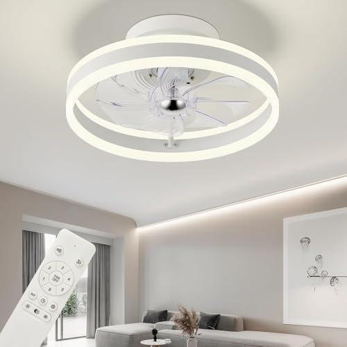Ceiling Fan with Lights,16inch Flush Mount Ceiling Fans with Lamps Remote Control,Reversible 6 Speeds 3CCT Dimmable Noiseless White Ceiling Fan for Bedroom,Indoor Use