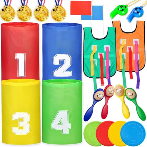 Chennyfun Sport Day Kit, 4 in 1 Set, Garten Spiele für Kindergeburtstag, Outdoor Spielset, Sackhüpfen, Eierlaufen, Flying Disc Spielzeug, Vest Klettverschluss Spiele, Ideal für Partys und Sportfeste