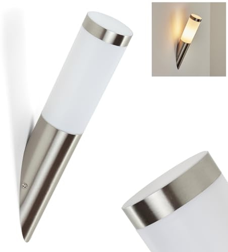 HOFSTEIN Außenwandleuchte Sessa, moderne Außenwandlampe aus Metall/Kunststoff in Nickle-matt/Weiß, Wandleuchte für Haustür, Terrasse, Hof, Eingangsbereich, E27, IP44