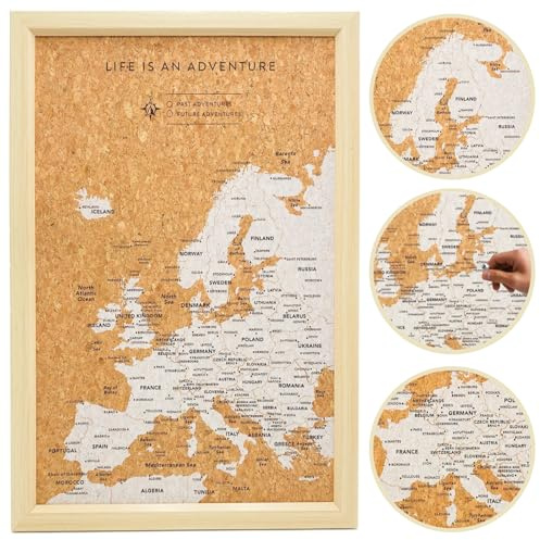 Splosh World Map Pin Board - Small White Europe with 100 Pins. Wooden Frame Cork Backing Travel Map of the World with Pins. Ideal for Planning and Displaying Past and Future Travels
