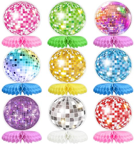 9PCS Disco Honeycomb Centerpieces Disco Ball Party Decorations Colorful Rock and Roll Party Table Centerpieces 50s 70s 80s 90s Disco Music Theme Birthday Party Supplies Decor