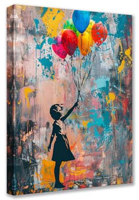 Tucocoo Banksy Mädchen-Wandbilder für Wohnzimmer, bunte Ballon-Gemälde, 1 Stück, Leinwand, Retro-Street-Pop-Graffiti, Wandkunst, modernes Kunstwerk, Heimdekoration, Giclée-gerahmt, aufgespannt fertig