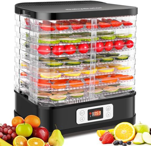 Deshidratador de acero inoxidable 400 W, deshidratador para frutas, carne y hierbas, incluye 8 capas de secado, láminas de deshidratación, deshidratador con regulador de temperatura de 35 – 70 °C