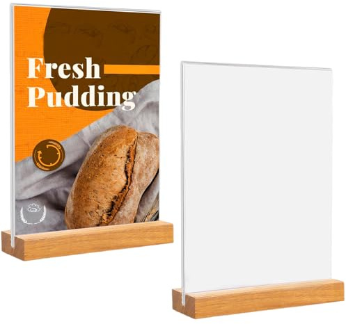 Tischaufsteller A5 Holz, 2 Stück Acryl T Form Aufsteller, Doppelseitiger Vertikaler Tischaufsteller Ständer, Kartensteckplatz Plakatständer, Schildhalter mit Holzfuß, für Restaurant, Cafe, Lade