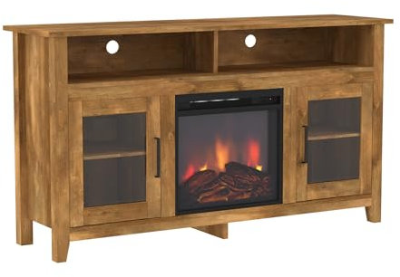 RAABYU Klassischer hoher TV-Ständer mit Glastür und Kamin für Fernseher bis zu 65 Zoll -