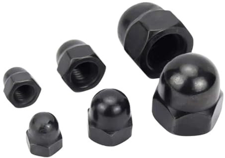 Sechskant-Vollmutter, Sechskant-Vollmuttern, Flanschmuttern, M3/M4/M5/M6/M8/M10/M12/M14/M16/M18/M20 Oberfläche aus Edelstahl 304, schwarze Sechskant-Eichelkappe, dekorative Abdeckung, Halbkreis-Kuppel
