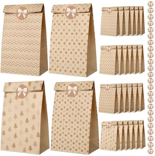 AiQInu Bolsas de Papel Kraft para Regalo,Bolsa de Regalo Marrones 24 piezas con Pegatinas para Dulces Embalaje, para Navidad, Fiestas, Halloween,Cumpleaños Infantil,Bodas