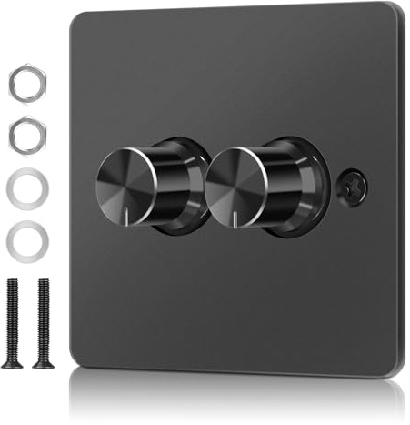 220V-240V Double Dimmer Light Switch, 2 Gang 2 Way Trailing Edge Switch | Stepless Dimming, No Noise, No Flicker, 5-200W Push ON/Off Rotary Dimmer for Dimmable LED/Halogen/Incandescent Lights, Black