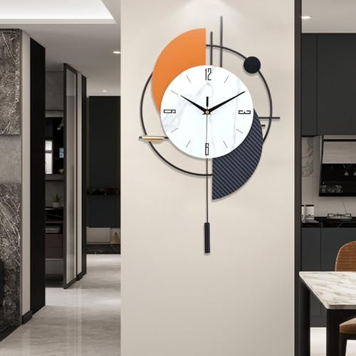 Large Decorative Wall Clock with Pendulum for Living Room, Metal Hands, Orange Accent White Dial, Silent Metal Wall Clock for Living Room, Bedroom, Study, Office (Black15.7 * 13.3in)