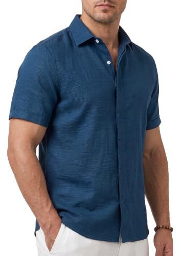 Cotton King Linen Cotton Button Down Shirt for Men - Men Shirts Short Sleeve - Men's Shirt for Beach Wear - Mens Summer Wear - Teal - (M)