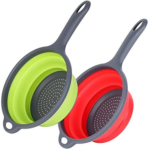 Scolapasta pieghevole in silicone, cestello per lavaggio verdure con manico, colino pieghevole, cesto scolapasta per frutta per cucina (2 pezzi)