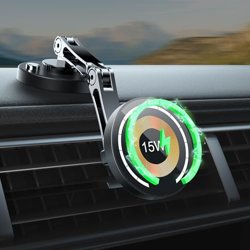 Magsafe Wireless Car Charger Mount, 15W for Dashboard Windscreen | Sticky Gel Base, 360° Rotation, for iPhone 17/16/15/14/13/12, Samsung S25 Ultra, Pixel