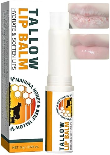 Grass-fed Beef Tallow Lip Balm with Honey and Shea for Dry Lips | For Skin Repair and Protection, Hydrating Natural Chapstick for Peeling Cracked Lips