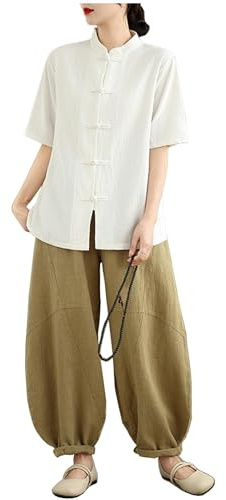 DAYKET Tai Chi Uniform Women Kung Fu Suit Cotton and Linen Martial Art Clothing Mid-length Sleeve Zen Meditation,White-L