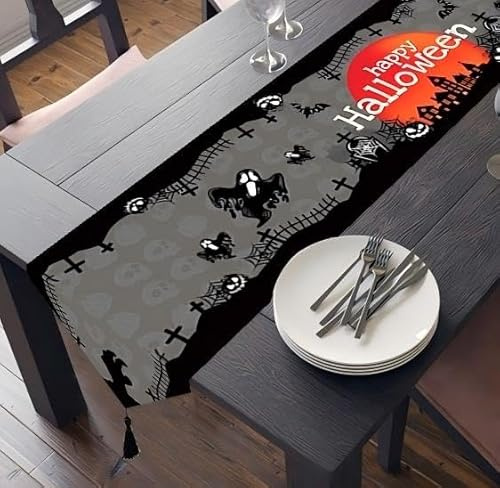 Halloween Dekoration Tischläufer Tischdecke, Saisonnal Innen und Außen Halloween Party Deko Tischwäsche Schwarze Tischflagge mit Geist-Motiv für Familienessen Party，183*33CM