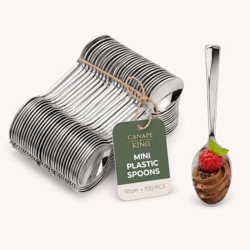 100pcs Mini Plastic Spoons 10cm | Metallic Silver Reusable Cutlery | Dishwasher Safe Dessert Spoons