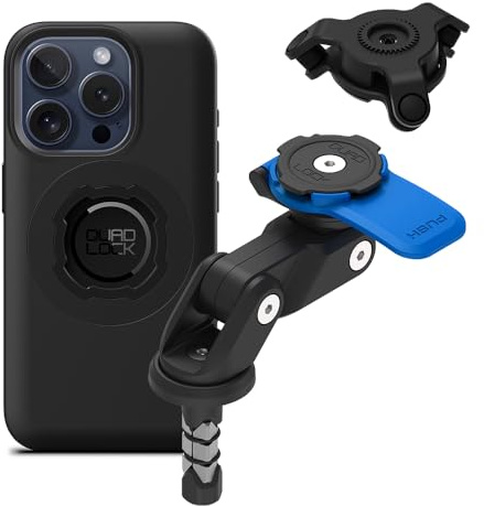 QUAD LOCK Gabelschaft-Handyhalterung (V2) für Motorrad mit Vibrationsdämpfer und MAG Hülle für iPhone 15 Pro