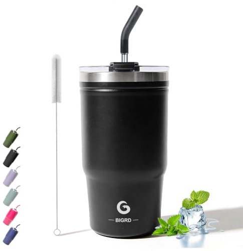 BIGRD 591 ml isolerad kaffekopp resemugg med sugrör och lock 591 ml, läckagesäker rostfritt stål kontorsvattenflaska håller kall och varm i 8 timmar, svart