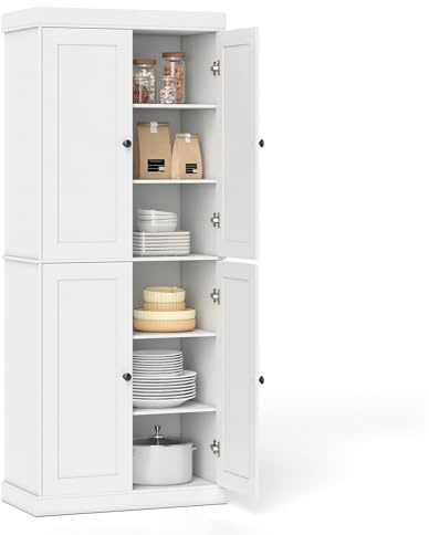 COSTWAY 6 stöckiger Küchenschrank, Hochschrank Küche mit 4 Türen & verstellbaren Regalen, Vorratsschrank freistehend, für Badezimmer, Wohnzimmer, Esszimmer, Büro, 76 x 40 x 185 cm (Weiß)