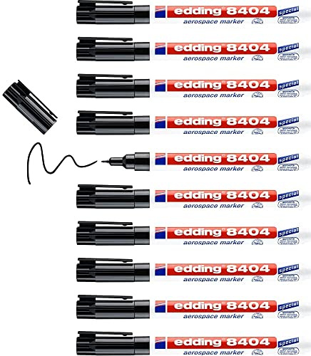 edding 8404 aerospace markör – svart – 10 pennor – rund spets 0,75 mm – för låg korrosion och låg halogeninskription på nästan alla material, resistent mot lösningsmedel och färger