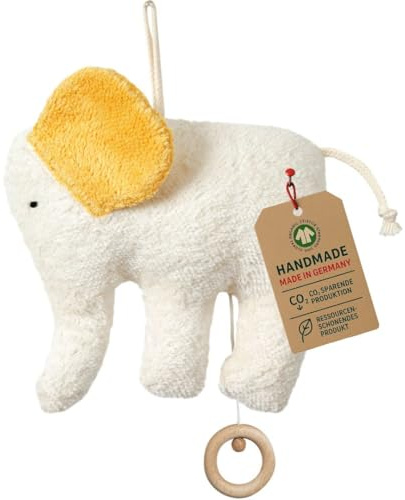Efie Bio-Spieluhr Elefant – handgefertigt in Deutschland – 100 % Baumwolle (KBA), Füllung Schurwolle (kbT), GOTS-Zertifiziert - Melodie: Guter Mond, du gehst so stille