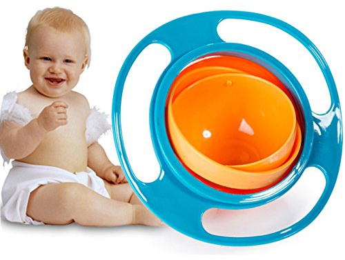 Xrten 360 Gradi Ciotola Girevole Bambini, Ciotola del Giroscopio in Plastica Rotazione Facile da Pulire Senza Versare (Blu)
