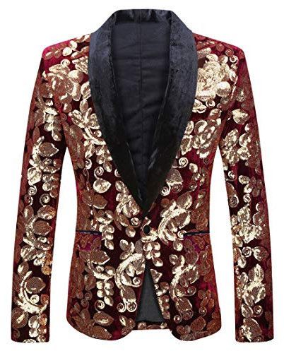 PYJTRL Giacca da Uomo in Velluto con Paillettes con Motivo Floreale (Vino Rosso 01, XXL)
