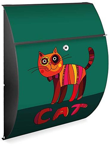 banjado Design Briefkasten - Modell Riviera 46x33,5x13cm groß - verzinkter Stahl anthrazit - Postkasten Öffnungsstopp großer A4 Einwurf Zylinderschloss 2 Schlüssel - Motiv Orange Katze