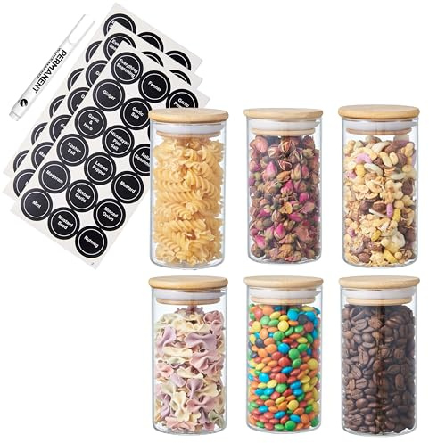 ORNAMI Small Glass Food Jar with Natural Bamboo Lid and Silicone Ring for Airtight Sealing, Little Clear Canister Jar for Kitchen Storage, for Grains, Seeds, Salt, Pepper, Spices - Set of 6 (300ml)
