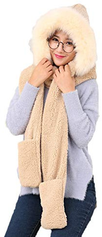 Nwcl 3-in-1 Damen Kapuzenschal mit Fäustlingen, Neckwarmer Hoodie Tasche?Winter Super Weichem Plüsch Volle Haube Warm Thermal Fleece Hüte mit Ohren, Tasche, Schal (Khaki)