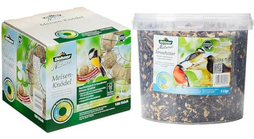 Dehner Natura Wildvogelfutter, Meisenknödel, ohne Netz, im Karton, 100 Stück (10 kg) & Natura Wildvogelfutter, Streufutter im Eimer, 3 kg