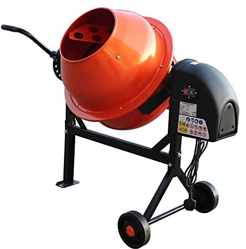 Panana 63 Litre Electric Cement Mixer, 250W Mortar Portable Concrete Mixing Machine with Wheels and Stand for Cement, Stucco, Seeds and Fodder, 230V, 50Hz, 30RPM (Orange)