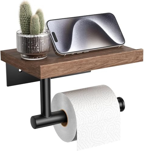Tindbea Toilet Paper Holder with Wood Shelf, Wooden Wall Mount Tissue Paper Roll Holder, Matte Black Stainless Steel Bathroom Accessories Decor Household Home Apartment Restroom Essentials (Walnut)