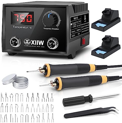 Pyrography Machine, 100W Holzbrenner Set mit 2 Stiften und 33 Tlg Drahtspitzen, Brandmalstation Brennkolben Brandmalerei Brandmalgeräte einstellbar von 0-750°C, Doppelanschluss, für Holz Leder Kürbis