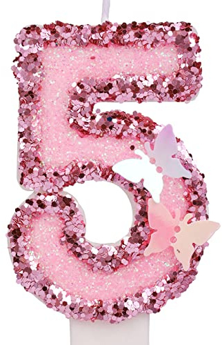 7,5cm Geburtstag Nummer Kerzen, Glitzernde Zahlenkerze Rosa Zahlenkerzen Kuchenaufsatz Schmetterlings-Geburtstagskerzen mit Pailletten für Jubiläumsfeiern (Nummer 5)