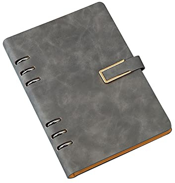 A5 Binder Notizbuch 6 Löcher Loseblatt Binder PU Leder Nachfüllbar Recyceltes Ringe Lose Tasche Nachfüllbar Hardcover Tagebuch Notizbuch für Reisen Studieren BusinessSchreiben Grau