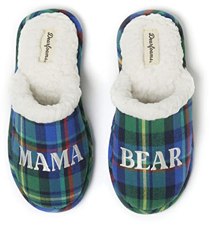 Dearfoams Women's Gifts for Mom Cute Cozy Mothers Day Mama Bear Slipper, Green Plaid, 7-8
