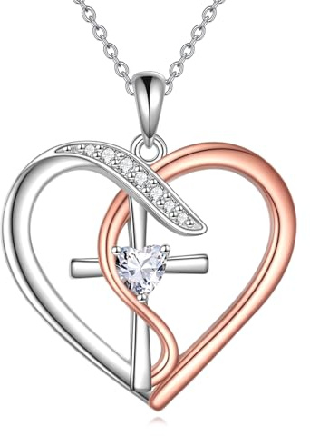 YAFEINI Herz Kreuz Ketten für Damen 925 Silber Kreuz Anhänger Halsketten Zirkonia Kreuz Kette Kristall Schmuck Muttertags Geschenk für Frauen Mama (Roségold)
