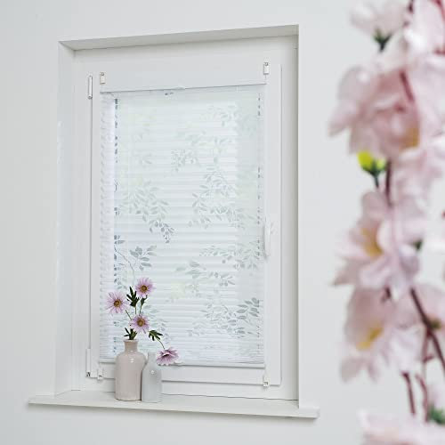 Klemmfix-Plissee mit ausgebranntem Äste-Motiv, halbtransparent, ohne Bohren oder Schrauben, inkl. Klemmträger, Breite: 95 cm/Länge: 130 cm, Farbe: weiß