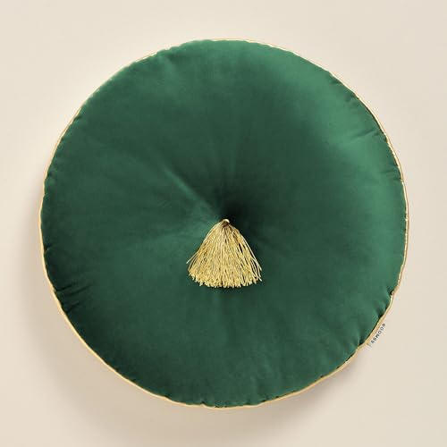 room99 Allure Runde Kisse 45 cm Zierkisse Wurfkissen Dekokissen Plüschkissen Gefüllt Sofakissen für Sofa Bett Couch Pillow Wohnzimmer dekorative Velvet Samt mit Fransen Dunkelgrün,1 Stück