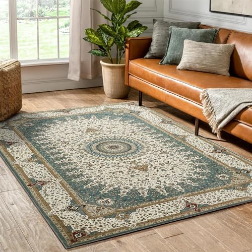 Hafaa Washable Rugs Living Room 80x150 cm – Soft Short Pile Teal Area Rugs For Bedroom Dining Room, Kitchen Carpet Non Slip Bedside Rug Traditional Floral Design Vintage Boho Cashmere Rug, Willow