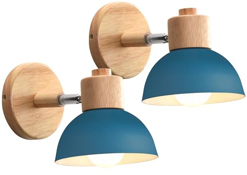 iDEGU 2 Pezzi Lampade da Parete Retrò Vintage Applique da Interno in Metallo e Legno Moderne, Faretto da Muro Orientabile E27 Luce da Camera da Letto Soggiorno Cucina Ristorante (Blu Oxford)