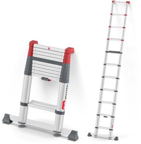 Hailo Master T100 FlexLine Teleskopleiter mit 11 Stufen bis 150 kg, Silber | Ausziehbare Aluminiumleiter, max. Arbeitshöhe bis 420 cm, kompakt verstaubar