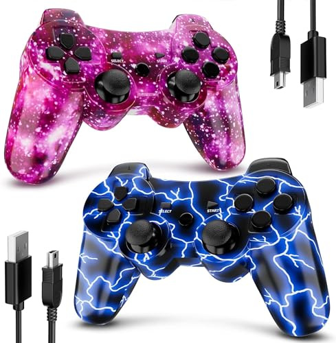 Degulan Manette pour PS-3 sans fil, manette de jeu pour Play 3 avec câble de charge (BlueFlash et PurpleSky)